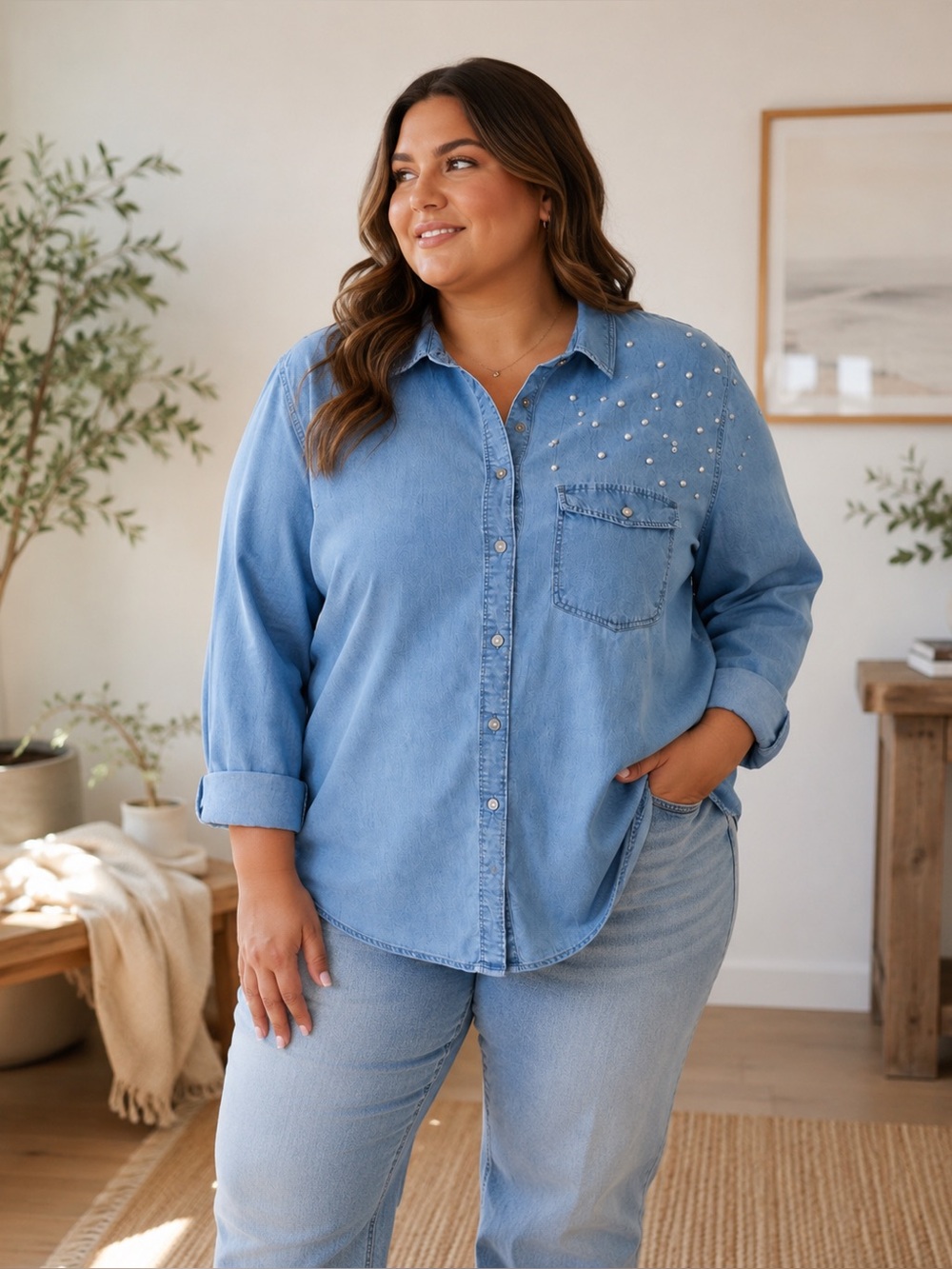 Given Kale Pearl-Embellished Denim Button-Up Shirt Size XL